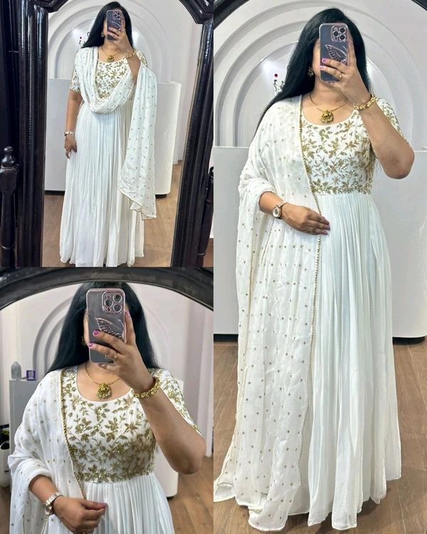 Party Wear Chinnon Silk Gown With Pant And Dupatta - M