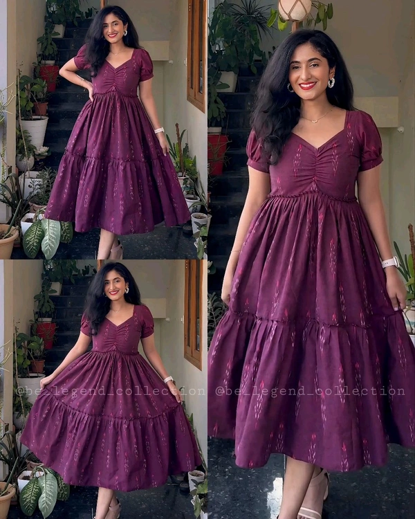 New Beautiful wine Printed cotton middi with v-neck Gown Dress - L