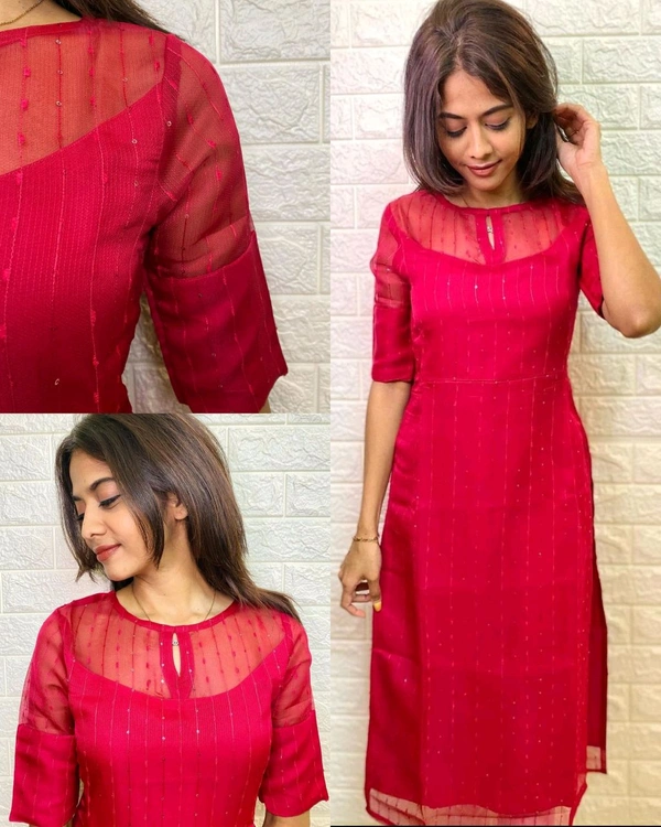 SEQUINEED KURTI  - L, Red