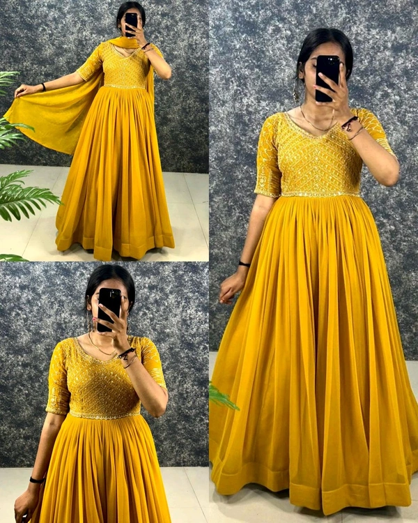 TRENDY BLOOMING Gown With Dupatta - Yellow, 2XL