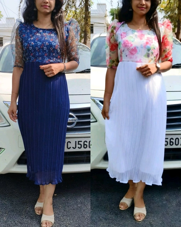 Blue / White Pleated Maternity Dress - Blue, 2XL