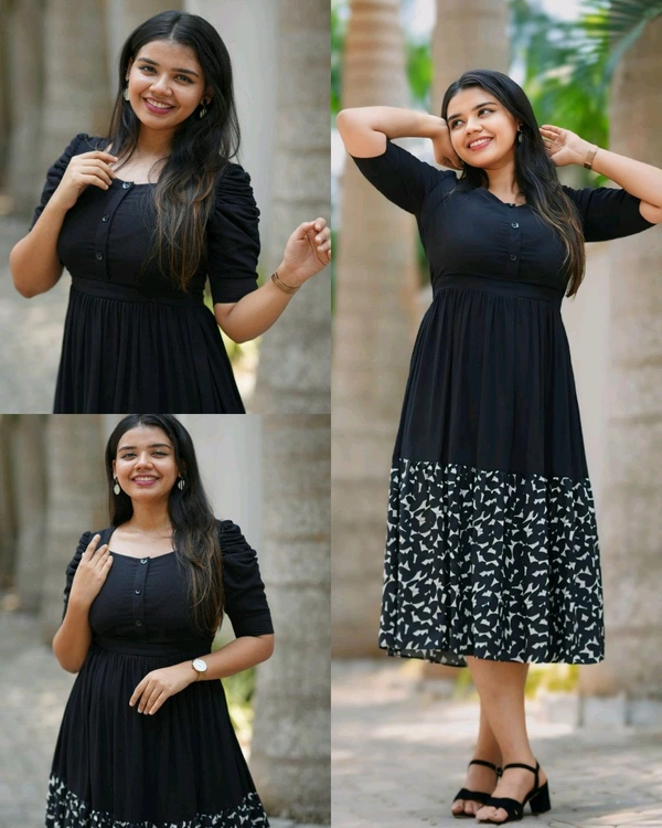 Black Midi Dress with Abstract Patterned Hem and Button-Front Bodice" - 4XL