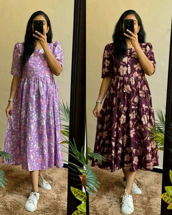 !Beautiful floral print Cotton Full Flair Middy Gown!! - L, Mauve