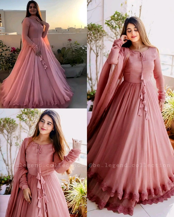 Designer Gown on Faux Georgette febric with Inner and Lace work and Dupatta on also Faux Georgette fabric - M, Peach