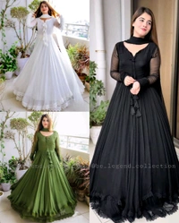 Designer Gown on Faux Georgette febric with Inner and Lace work and Dupatta on also Faux Georgette fabric - M, Peach