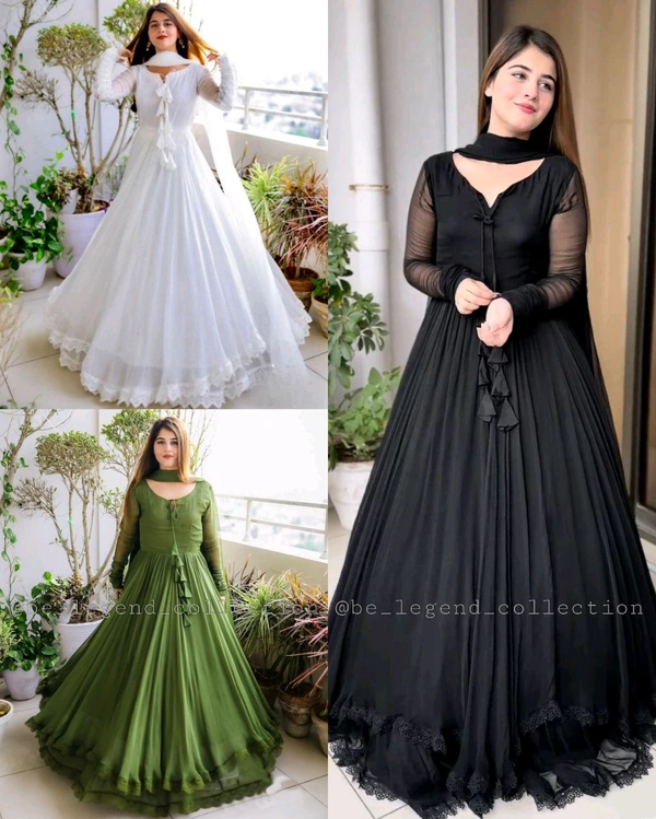 Designer Gown on Faux Georgette febric with Inner and Lace work and Dupatta on also Faux Georgette fabric - L, Black