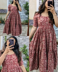 Beautiful Printed Full Flair Middi Gown With Pottli Buttons and Stylish Sleeves gown 🤎  - XL