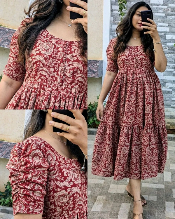 Beautiful Printed Full Flair Middi Gown With Pottli Buttons and Stylish Sleeves gown 🤎  - 2XL