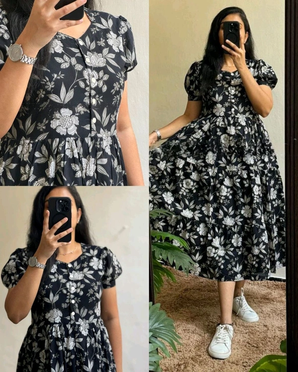 !Beautiful floral print Cotton Full Flair Middy Gown!! - Black, L