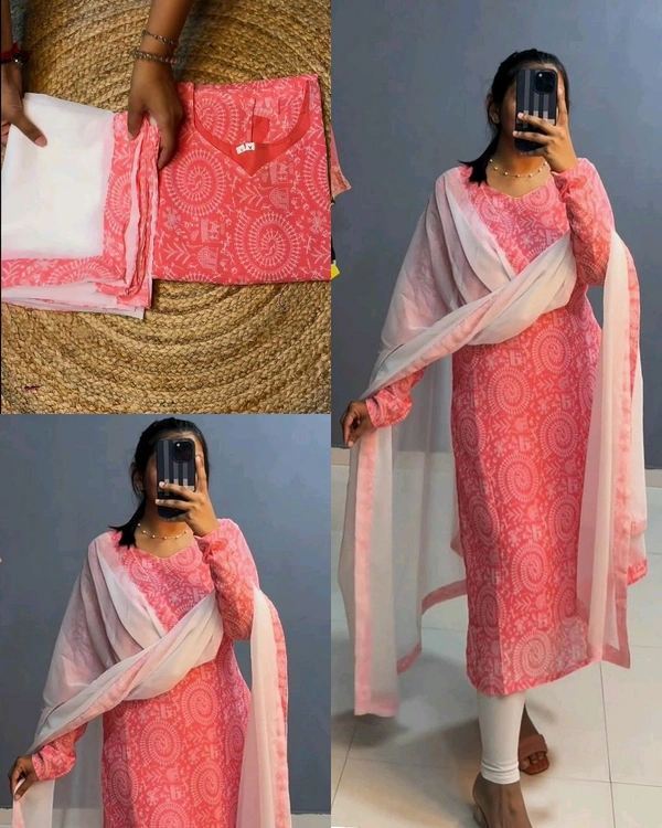 Beautiful Village Printed Kurti With Dupatta - Pink, S