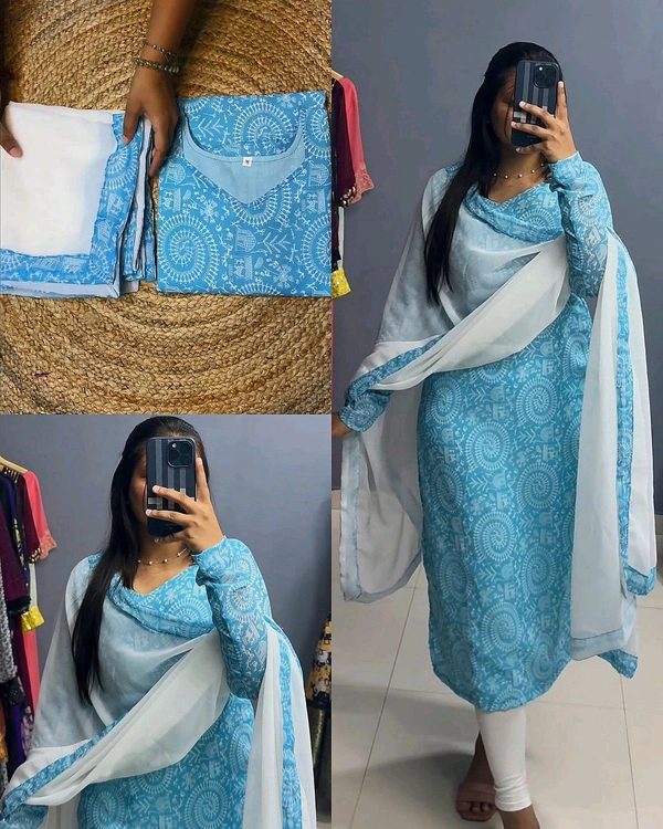 Beautiful Village Printed Kurti With Dupatta - Sky Blue, L