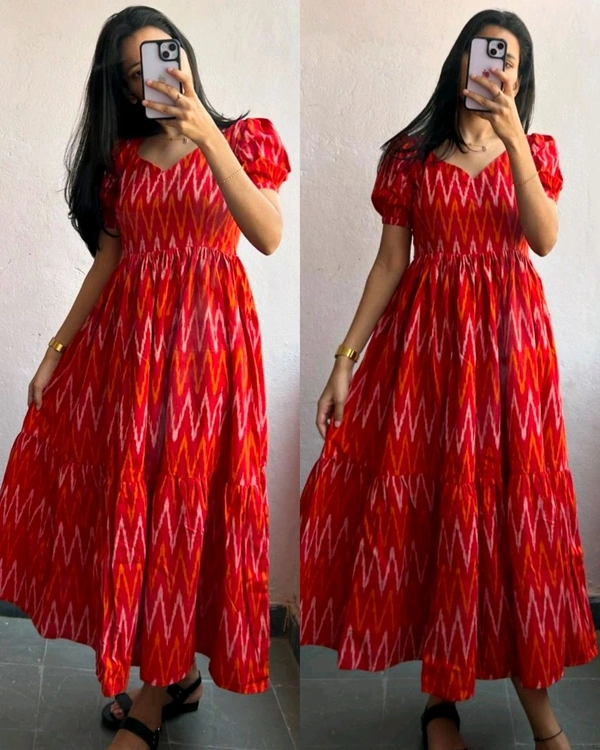 New Designer Ikkat Frock😍 - Red, S