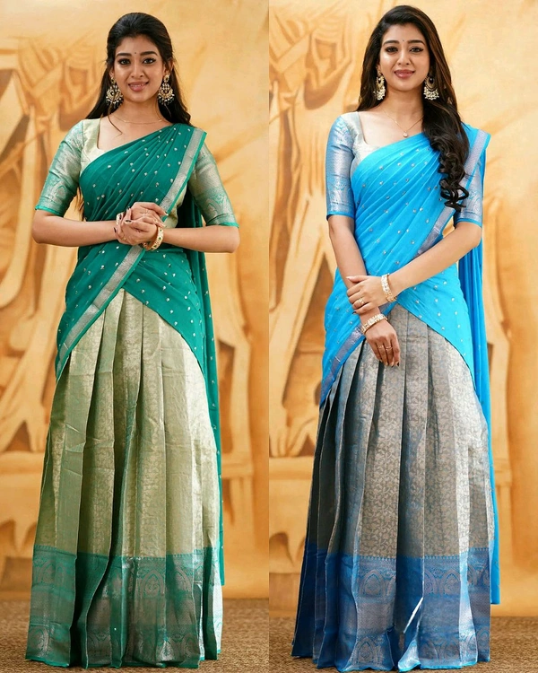 South Indian Traditional Half Saree - Unstitched, Teal