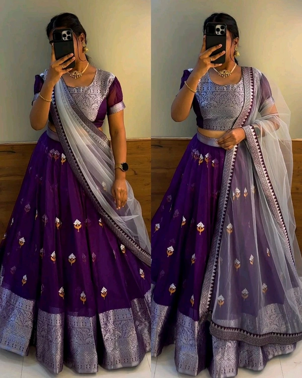 FULL STITCHED SOFT ORGANZA WITH ZARI EMBROIDERY WORK  WITH ZARI BORDER - Free Size, Pigment Indigo