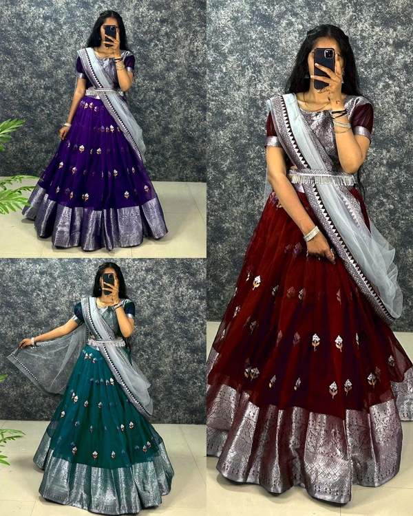 FULL STITCHED SOFT ORGANZA WITH ZARI EMBROIDERY WORK  WITH ZARI BORDER - Free Size, Pigment Indigo