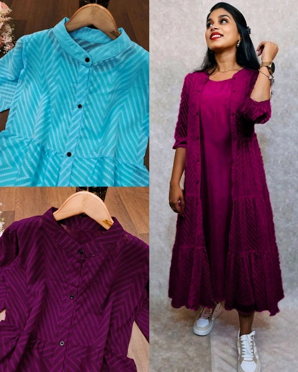 Latest Premium Quality Beautiful Georgette Woven Zikzak Jacket Kurta - Purple, S
