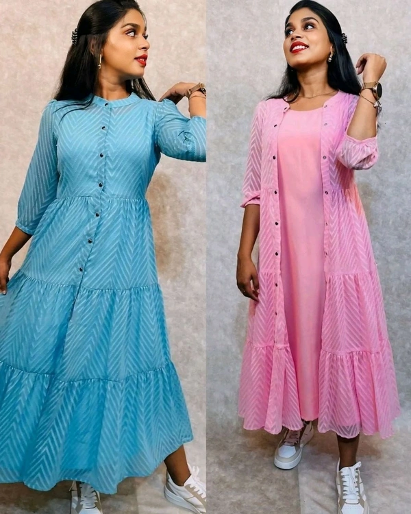 Latest Premium Quality Beautiful Georgette Woven Zikzak Jacket Kurta - Pink, M