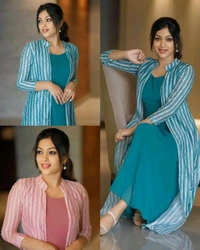 New Fashion Slit Long Jacket Kurta With Inner - Sky Blue, M