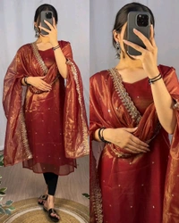 BANARASI TISSU TWO TONE WITH EMBROIDERY WITH 3mm SEQUENCE THREAD WORK 💎 - Copper Orange, L