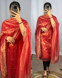 BANARASI TISSU TWO TONE WITH EMBROIDERY WITH 3mm SEQUENCE THREAD WORK 💎 - Copper Maroon, 2XL