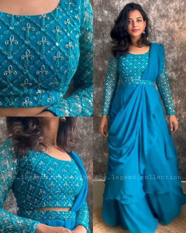 NEW DESIGNER PARTY WEAR LAHENGA SAREE WITH STICH BLOUSE WITH EMBROIDERY WORK - Free Size, Black
