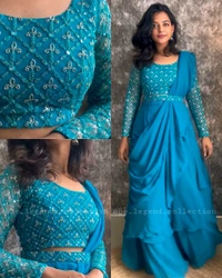 NEW DESIGNER PARTY WEAR LAHENGA SAREE WITH STICH BLOUSE WITH EMBROIDERY WORK - Free Size, Purple