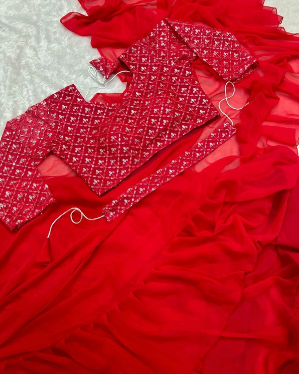 NEW DESIGNER PARTY WEAR LAHENGA SAREE WITH STICH BLOUSE WITH EMBROIDERY WORK - Free Size, Guardsman Red