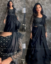NEW DESIGNER PARTY WEAR LAHENGA SAREE WITH STICH BLOUSE WITH EMBROIDERY WORK - Free Size, Guardsman Red