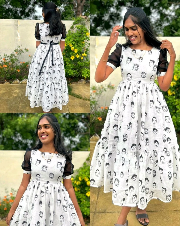 Cartoon printed puff sleeve round neck Dress - M