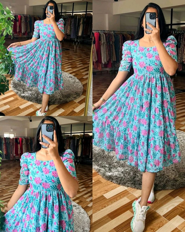 Sky Blue Puff Sleeved Flared Dress - M