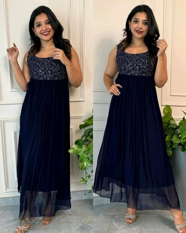 Elevate your wardrobe with this Georgette Stitched Embroidered Anarkali gown.  - M