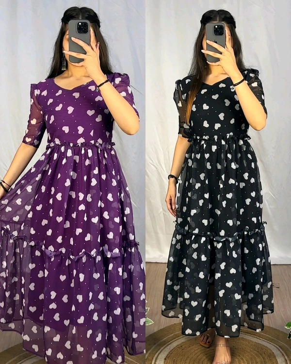 New Heart Style Maxi Gown With Printed Work - Purple, S