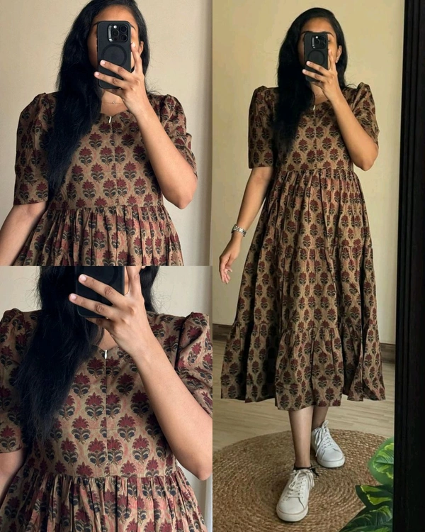 Beautiful Flower print Cotton Full Flair Middy Gown - Morocco Brown, XL