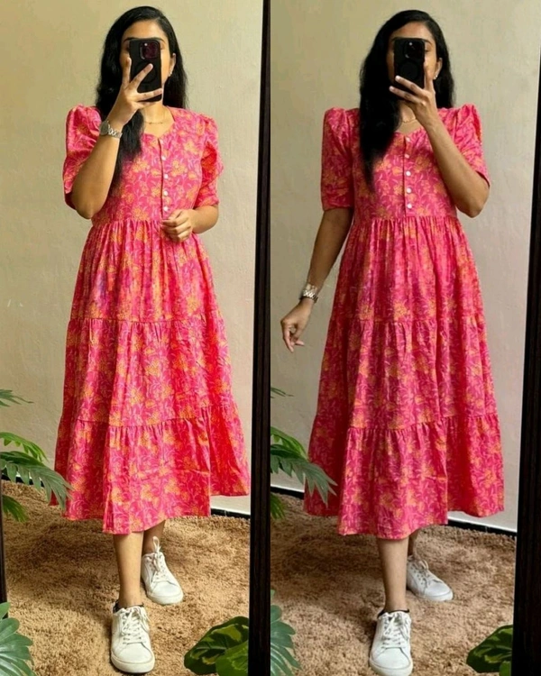 Beautiful Flower print Cotton Full Flair Middy Gown - Peach, 2XL