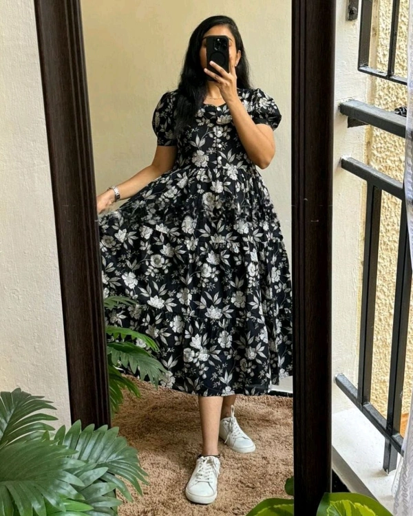 Beautiful Flower print Cotton Full Flair Middy Gown - Black, XL