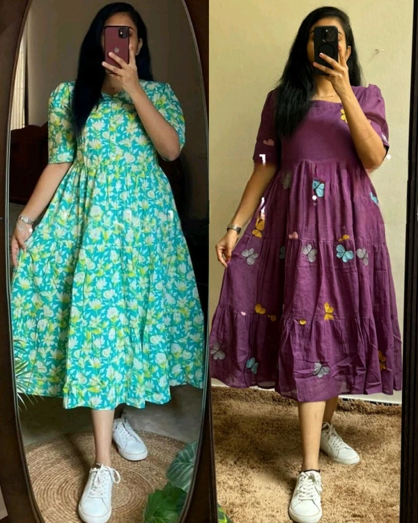 Beautiful Flower print Cotton Full Flair Middy Gown - Vista Blue, M