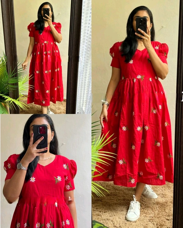 Beautiful Flower print Cotton Full Flair Middy Gown - Red, 3XL