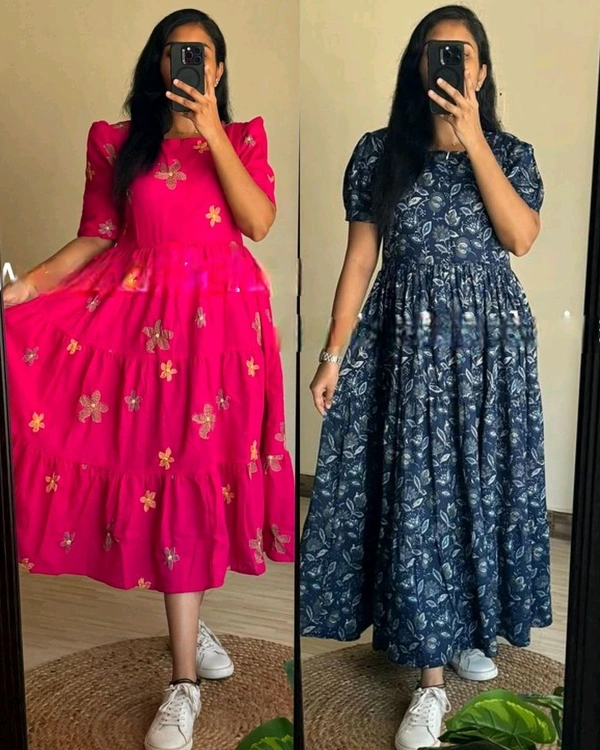 Beautiful Flower print Cotton Full Flair Middy Gown - Pink, 3XL