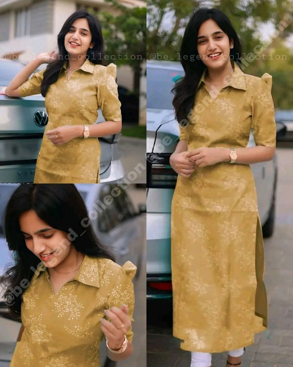 Trendy Collar Printed chanderi Cotton Kurti - Yellow, S