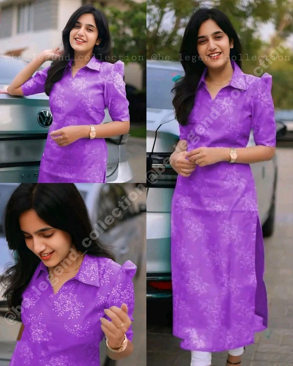 Trendy Collar Printed chanderi Cotton Kurti - Purple, M