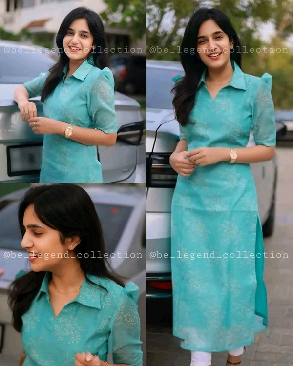 Trendy Collar Printed chanderi Cotton Kurti - Aque Blue, L
