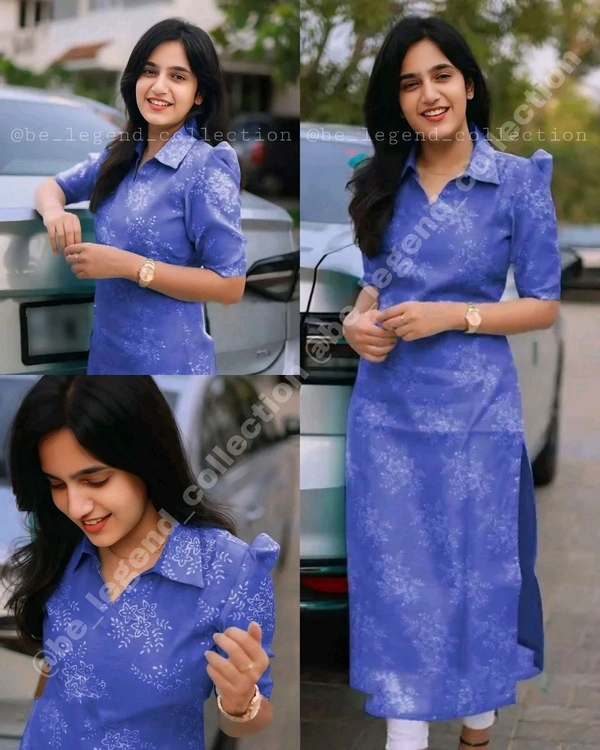 Trendy Collar Printed chanderi Cotton Kurti - Blue, XL