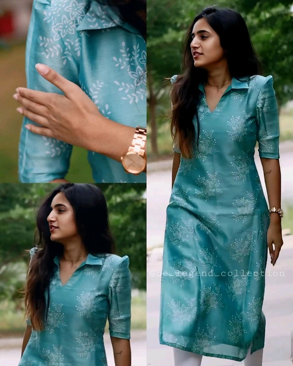 Trendy Collar Printed chanderi Cotton Kurti - Aque Blue, 2XL