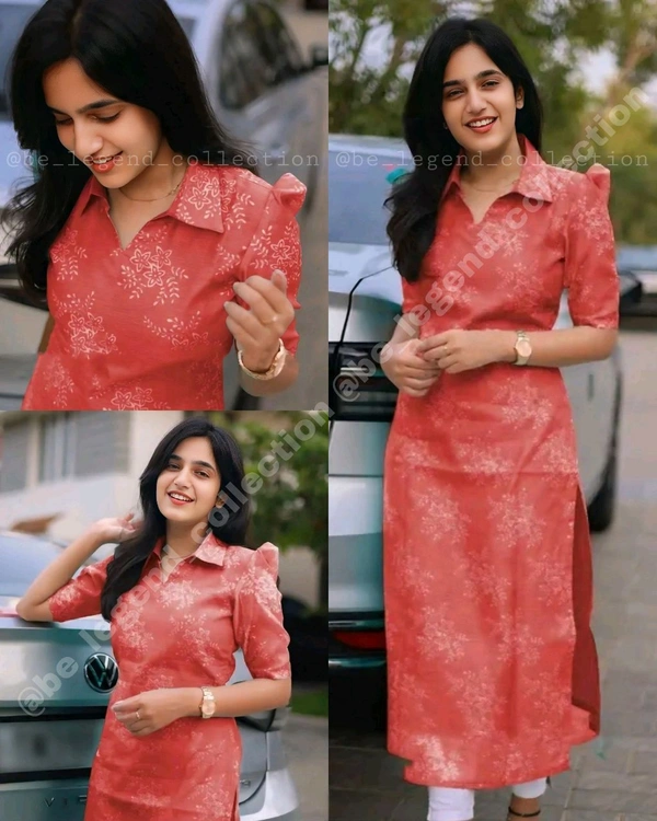 Trendy Collar Printed chanderi Cotton Kurti - Red, 2XL