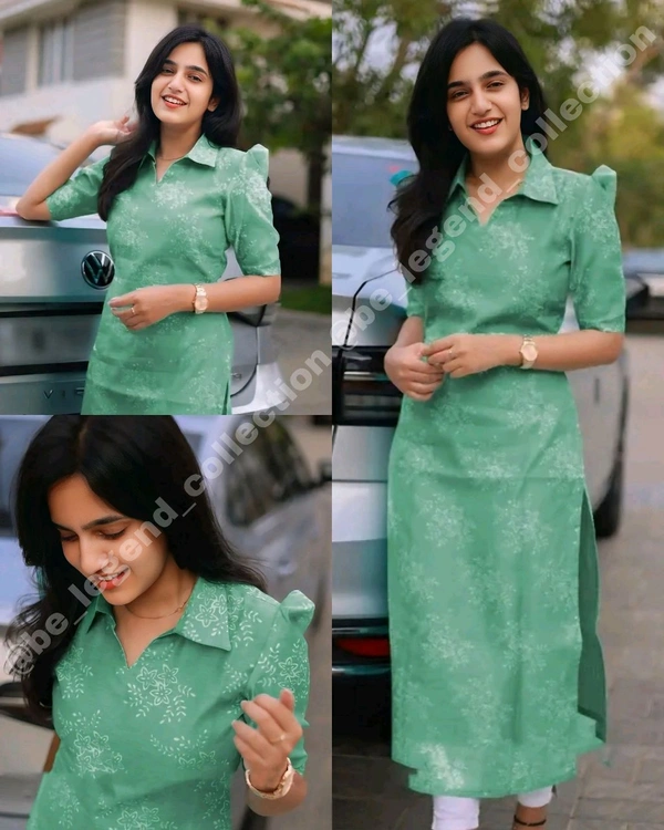 Trendy Collar Printed chanderi Cotton Kurti - Green, 3XL