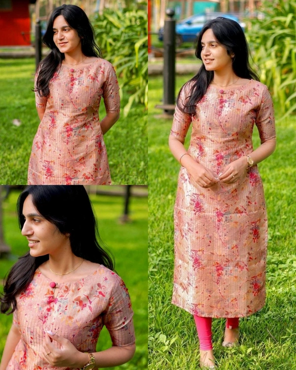READY TO WEAR CHANDERI COTTON DIGITAL PRINTED KURTI FOR DAILY AND OFFICE COMFORTABLE WEAR - Peach, 2XL