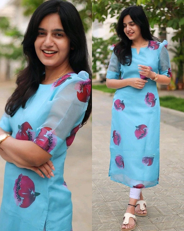 Organza kurti with floral print aqua light Blue colour - M