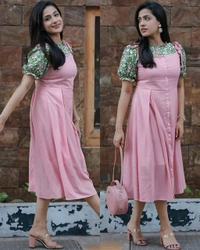 Pink Rayon Floral Printed Two Piece Dungarees - S
