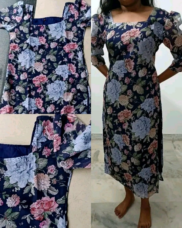 Stylish Women Casual Printed Round-Neck Kurti - Navy Blue, M