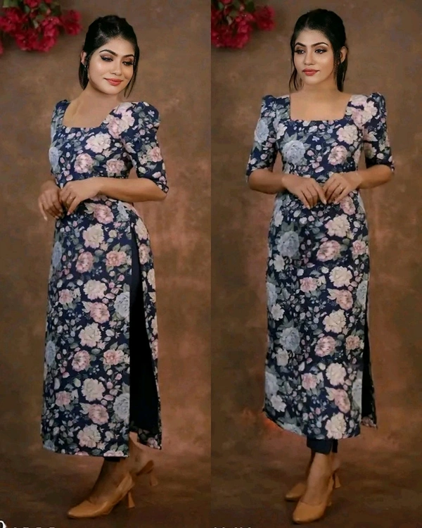 Stylish Women Casual Printed Round-Neck Kurti - Navy Blue, L